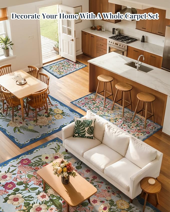 Floral Rugs for Living Room - 9x12 Soft Washable Area Rug Stain Resistant Ultra-Thin Non-Slip Low Pile Farmhouse Vintage Large Carpet for Bedroom Dining Room Nursery Home Office Decor, Blue