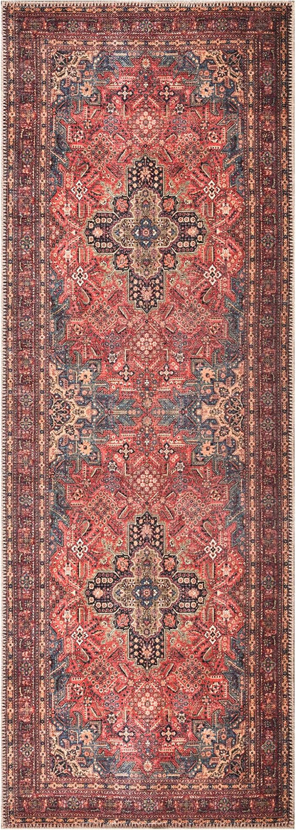 Bloom Rugs Washable Non-Slip 7 ft Runner - Red/Teal Blue/Yellow Traditional Medallion Runner for Entryway, Hallway, Bathroom, and Kitchen - Exact Size: 2.5' x 7'