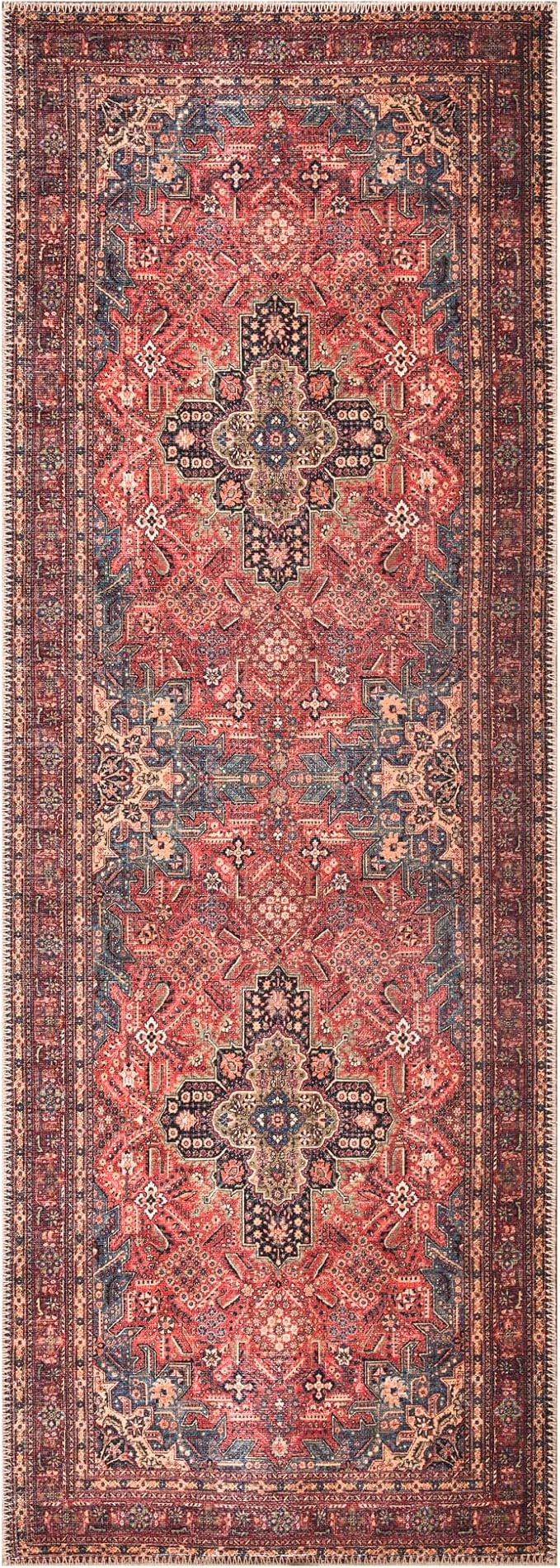 Bloom Rugs Washable Non-Slip 10 ft Runner - Red/Teal Blue/Yellow Traditional Medallion Runner for Entryway, Hallway, Bathroom, and Kitchen - Exact Size: 2.5' x 10'