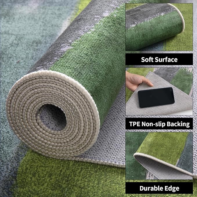 Ciicool Modern Abstract Green Rug for Living Room, 8'x10' Machine Washable Area Rug Non-Slip Rug, Low-Pile Contemporary Indoor Dining Floor Carpet for Bedroom Office Under Table Home Decor
