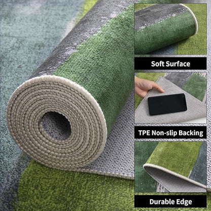 Ciicool Modern Abstract Green Rug for Living Room, 9'x12' Machine Washable Area Rug Non-Slip Rug, Low-Pile Contemporary Indoor Dining Floor Carpet for Bedroom Office Under Table Home Decor