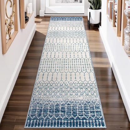Lahome Runner Rug 2x8 Hallway Rug Runner Washable Non-Slip Kitchen Carpet Untra- Thin Throw Blue Mat, Moroccan Geometric Print Indoor Floor Mat for Entryway Laundry Bedroom