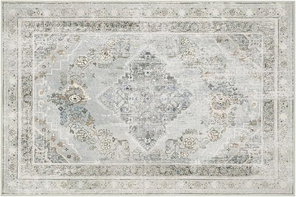 Phantoscope Washable Area Rug 6'x9' Non-Slip, Vintage Neutral Rugs for Living Room, Bedroom, Dining Room, Distressed Boho Medallion Pattern, Low-Pile Foldable Floor Carpet, Silver Grey/Taupe