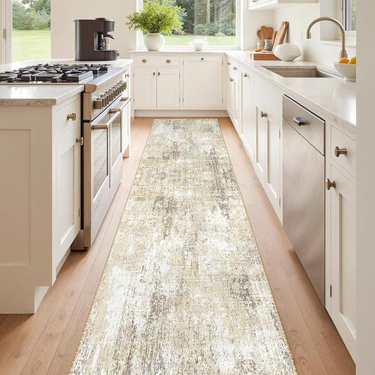 Washable Area Rugs 2'x8' Non-Slip Modern Abstract Soft for Living Room Entryway Bedroom Nursery, Print Pattern, Neutral Brown Gray