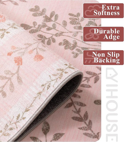 YIHOUSE Pink Floral Print Rugs, Moroccan Trellis 10x14 Washable Large Rug, Modern Pastel Non Slip Ultra-Thin Area Rug for Classroom, Nursery Playroom,Dorm,Bedroom,Living Room, Pink Multi