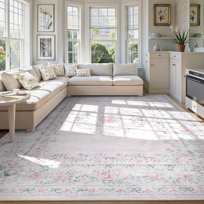 Wonnitar Washable 9x12 Area Rugs, Ultra-Thin Large Area Rug for Living Room, Pink Soft Non Slip Boho Floral Bow Apartment Decor Carpet for Big Bedroom Playroom Nursery Office, Light Pink