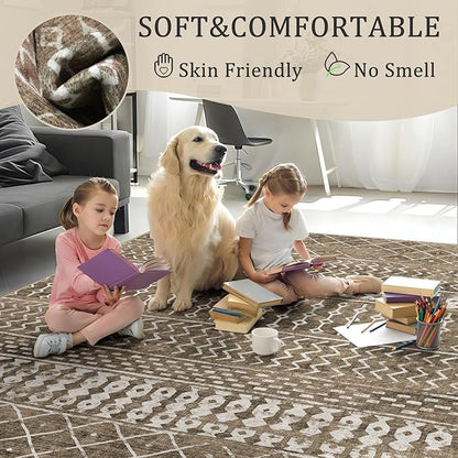 4x6 Machine Washable Area Rug for Living Room, Brown Vintage Moroccan Rug Large Non-Slip Low Pile Soft Faux Wool Carpet, Kids and Pets Friendly for Bedroom Dining Room Farmhouse Home Decor Rug