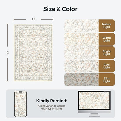 WITSHOCK Washable 2x3 Entryway Area Rug: Soft Non-Slip Backing Washable Rugs Vintage Flower Boho Accent Small Rugs for Bedroom, Kitchen, Bathroom, Nursery Entrance,Camel