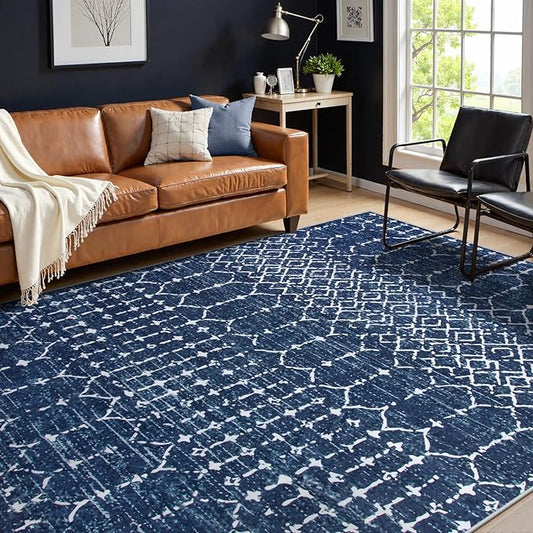 Lahome Moroccan Washable Area Rugs 6x9 Non-Slip Ultra-Thin Soft Living Room Carpet, Modern Geometric Print Stain Resistant Rug Carpet for Bedroom Dining Room Office, Blue