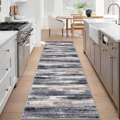 Modern Abstract Runner Rug 3x8, Grey Black Multi Washable Kitchen Runner Non-Slip Soft Hallway Rug Runner Thin Print Faux Wool Carpet for Entryway Bedroom Laundry Room Indoor Home Office Decor