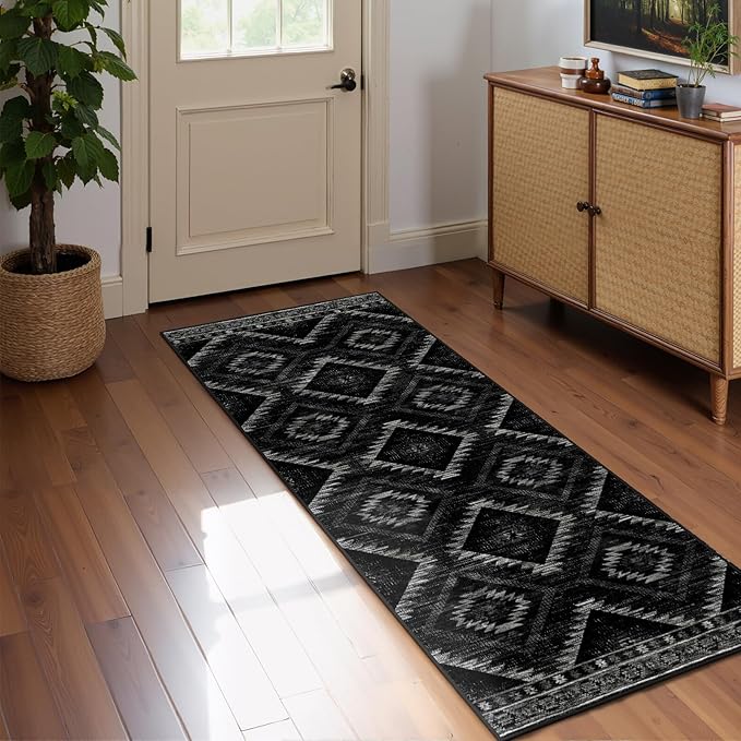Area Rug 2x4 Rug Machine Washable Non-Slip Low Pile Print Pattern Western Rug for Living Room Bedroom Entryway Tribal Series-Black
