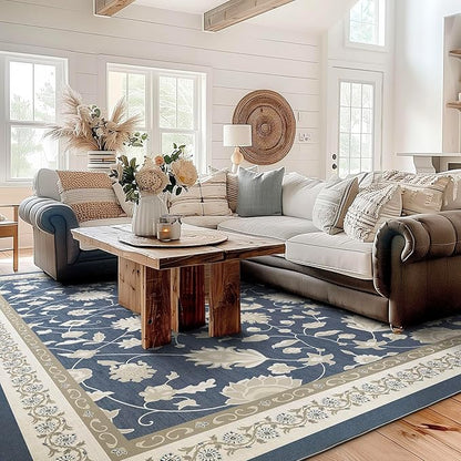 EVERGRACE Area Rugs for Living Room 9x12, Boho Floral Faux Wool Indoor Outdoor Rugs, Washable Rugs for Bedroom Dining Room Entryway Kitchen, Low Pile Floor Mat Carpet for Home Decor, Navy Blue