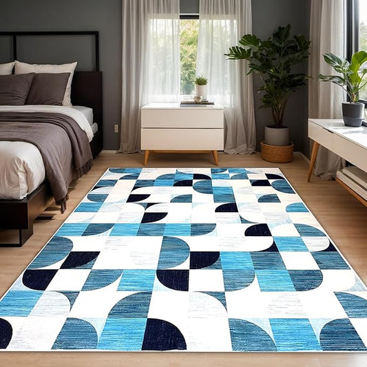 Modern Washable Area Rugs 5x7 Abstract, Boho Low-Pile Rugs for Living Room Bedroom Playroom, Large Throw Floor Carpet Non Slip Ultra-Thin Soft Rug Navy Blue