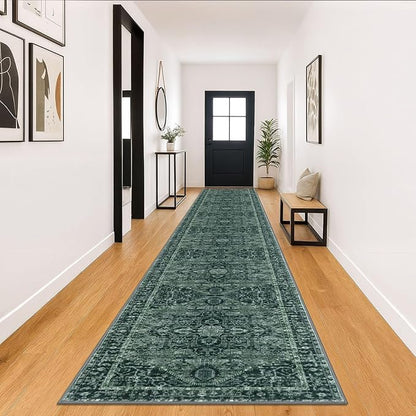 KOZYFLY Runners for Hallways 3x18 Ft Extra Long Washable Faux Wool Thin Runner Rug Printed Stair Carpet for Entryway Bedroom Kitchen Hallway Living Room, Dark Green