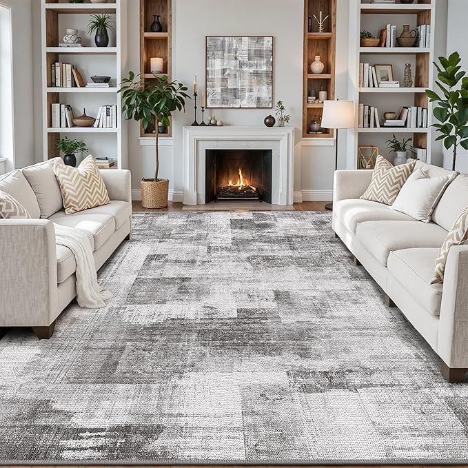 LUMI 8x10 Washable Low-Pile Area Rug for Living Room, Ultra Soft Modern Neutral Grey Rugs Non Slip with Rubber Backing, High Traffic, Stain Resistant Carpets, Ideal for Bedroom, Dining Room