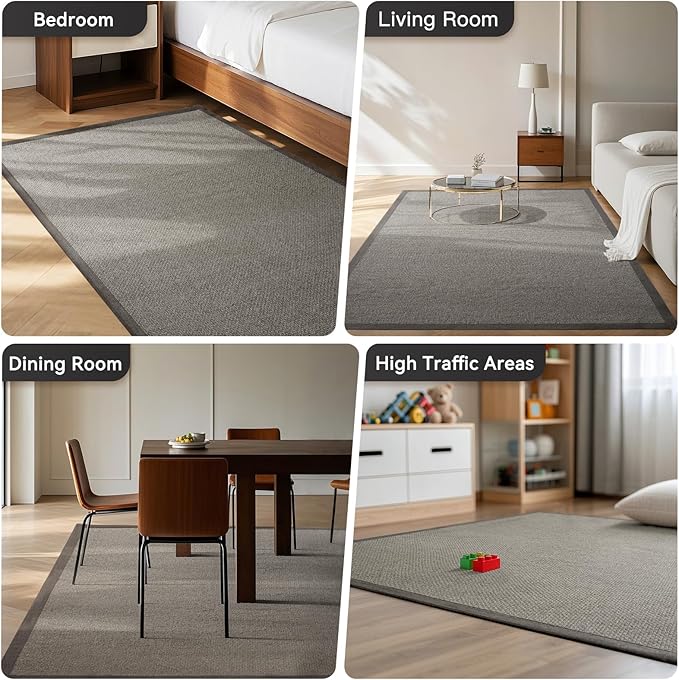 Washable Area Rug 5x7 Large Jute Like Rug for Living Room, Soft Non Slip Rugs Carpet for Dining Room Bedroom Cotton Boho Woven Braided Rugs Home Office Decor, Grey