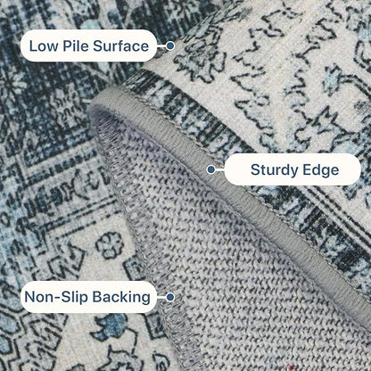 Bavni 6x9 Area Rugs for Living Room, Machine Washable Rug Non Slip, Vintage Chenille Distressed Print Carpet, Large Low Pile Ultra-Thin Lightweight Rugs for Bedroom, Dining Room, Home, Office, Blue