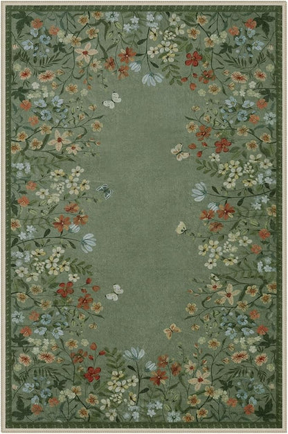 Wonnitar Washable Area Rug 4x6, Green Floral Rugs for Living Room, Non-Slip Large Kitchen Throw Mat, Low-Pile Indoor Botanical Floor Carpet for Girls Bedroom Laundry Entrance (Green,4'x6')