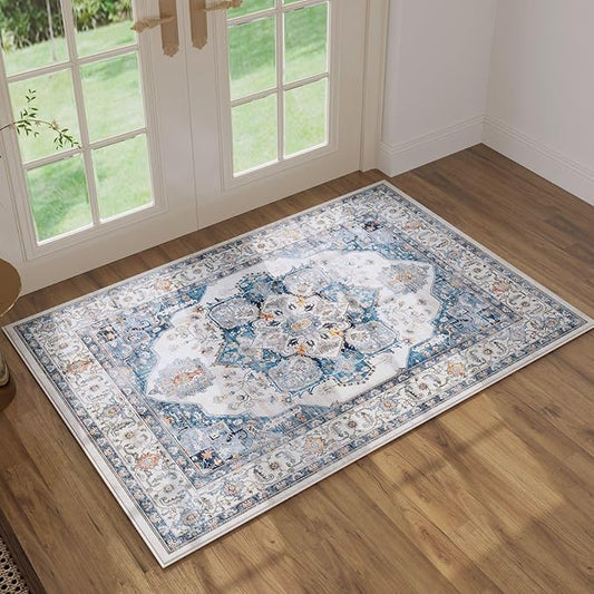 Rugcomf Vintage Medallion Rugs for Entryway 2'x3' - Door Mat Indoor Entrance, Machine Washable Area Rug, Non-Slip Low Pile Boho Carpet for Kitchen, Front Door, Bedroom, Kids Room - Blue