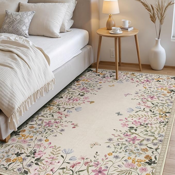 Wonnitar Washable 4x6 Rug for Bedroom, Floral Print Area Rug for Living Room, Non-Slip Entryway Throw Mat, Low Pile Botanical Area Rug Floor Carpet for Bedside (Beige,4'x6')