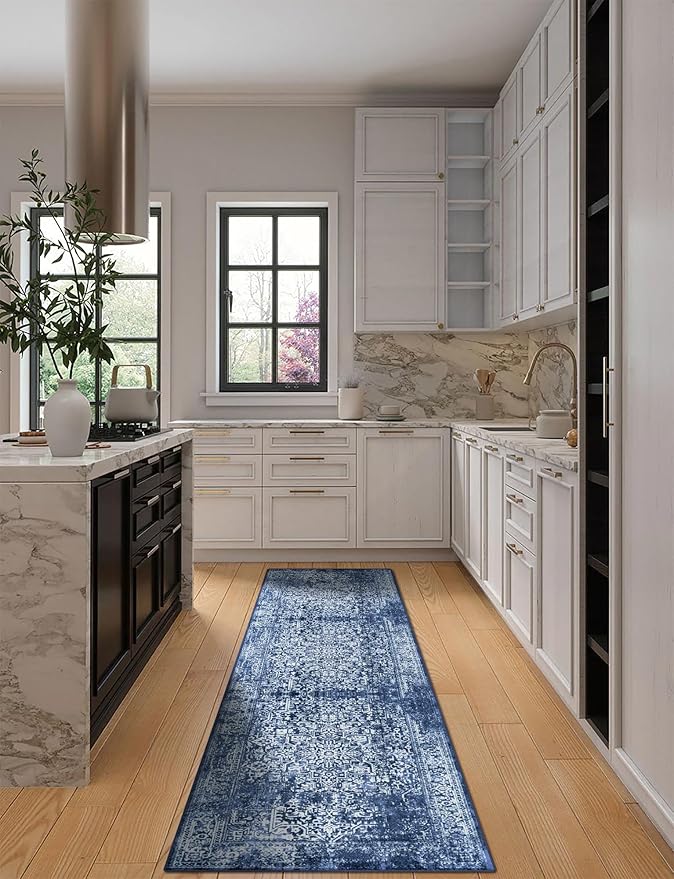 vivorug Runner Rug 2x10 Machine Washable Rug with Non-Slip Backing, Ideal for Kitchen Hallway Entryway Laundry Room - Vintage, Durable, Easy Clean, Low Pile Carpet Runner, Navy Blue