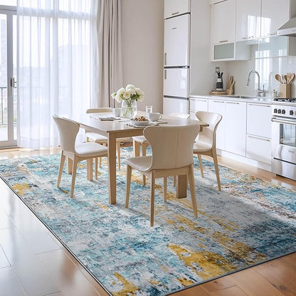 Area Rug 4x6 Blue Rug Washable Boho Rugs Non Slip Low Pile Abstract Small Carpet for Entryway, Bedroom, Kitchen, Classroom, Kids Room, Office, Dorm, Dining Room