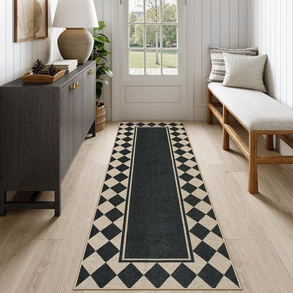 Moynesa Easy Jute Hallways Runner Rugs Washable 2x6 Entryway Rug Runners for Kitchen Black Checkered Indoor Outdoor Carpet for Entryway Patio, Diamond Grid Mat for Bathroom Bedroom Laundry