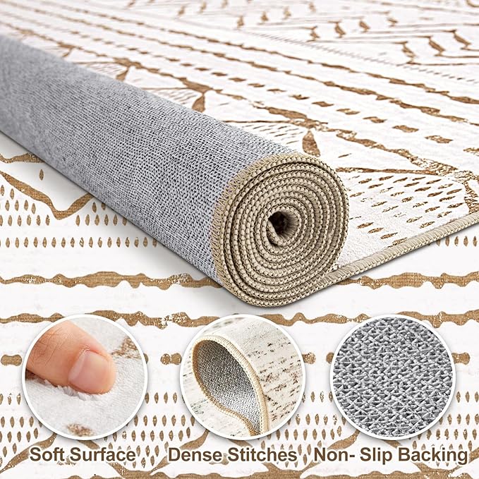 Nakagishi Area Rug Living Room Rugs: 5x7 Machine Washable Boho Large Neutral Farmhouse Stain Resistant Moroccan Indoor Carpet for Bedroom Nursery Dorm Classroom Playroom Dining Room House-Brown White