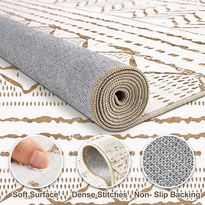 Nakagishi 7x9 Area Rugs Living Room: Washable Boho Large Neutral Soft Farmhouse Rug Stain Resistant Modern Indoor Floor Non-Slip Carpet for Bedroom Nursery Playroom Office Dining Dorm- White Brown