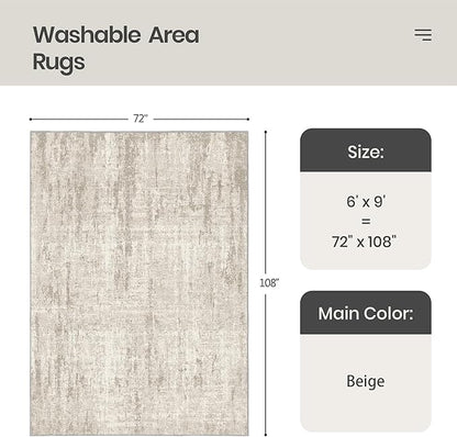 Valenrug Washable Rug 6x9 - Stain Resistant 6x9 Area Rugs for Living Room, Non Slip Backing Printed Rugs for Bedroom, Folable Machine Washable Area Rug(Beige,6'x9')