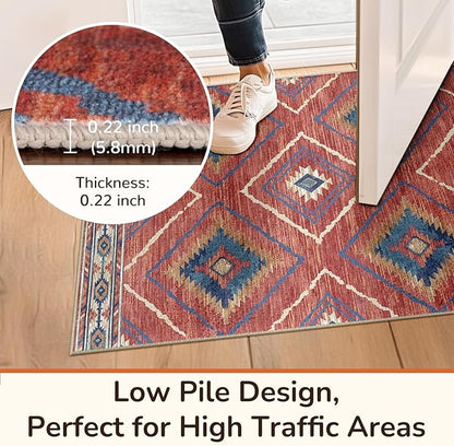 Area Rug 10x12 Rug Machine Washable Non-Slip Low Pile Print Pattern Western Rug for Living Room Bedroom Entryway Tribal Series-Red/Orange
