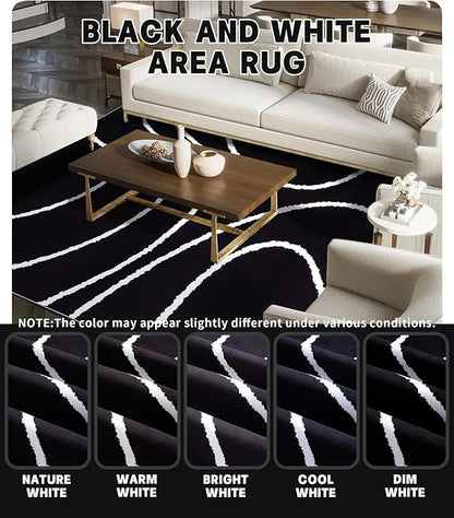 YIHOUSE Black Modern Area Rugs 8x10,Large Black and White Rugs for Living Room,Wave Washable Rug 8x10,Thin Abstract Geometric Rug,Minimalist Striped Rugs for Bedroom,Office