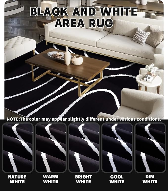 YIHOUSE Black Modern Area Rug 6x9,Abstract Rugs for Bedroom,Black and White Geometric Rug,Minimalist Wave Rug,Dark Washable Area Rugs 6x9 Non Slip Rugs for Living Room，Office