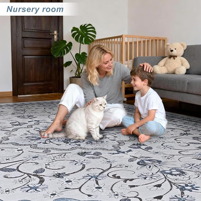 Luxury 8' x 10' Green Washable Area Rugs, Boho Low Pile Easy Clean Non-Slip Rug, Floral Medallion Pattern Vintage Rugs for Living Room, Dinning Room, Office, Bedroom, Bathroom, Laundry Room, Farmhouse