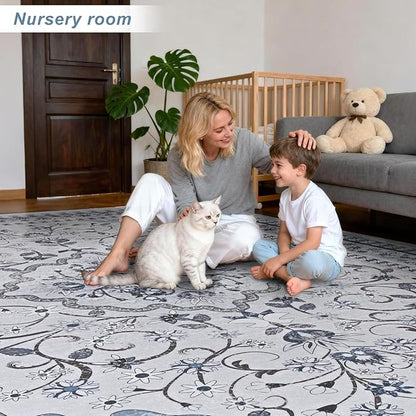 Luxury 8' x 10' Green Washable Area Rugs, Boho Low Pile Easy Clean Non-Slip Rug, Floral Medallion Pattern Vintage Rugs for Living Room, Dinning Room, Office, Bedroom, Bathroom, Laundry Room, Farmhouse