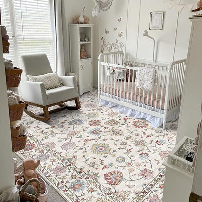 6x9 Area Rug for Living Room - Large Traditional Floral Washable Rugs for Bedroom Non-Slip Colorful Boho Dining Room Rug Low-Pile Cream Farmhouse Carpet Soft Vinatge Bohemian Foyer Rug