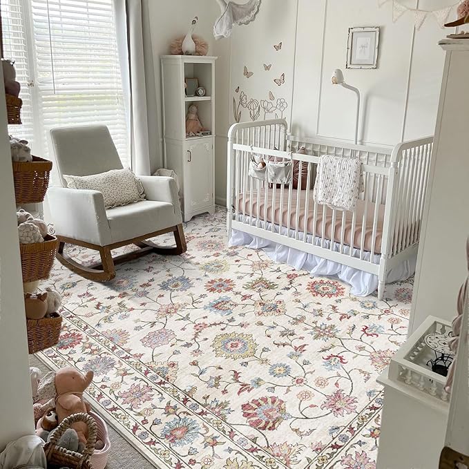 Washable Area Rug 5x8 - Boho Living Room Rug Soft Farmhouse Bedroom Rug Ultra-Thin Cream Colorful Vintage Traditional Floral Dining Room Rugs for Under Table Indoor Carpet for Living Room