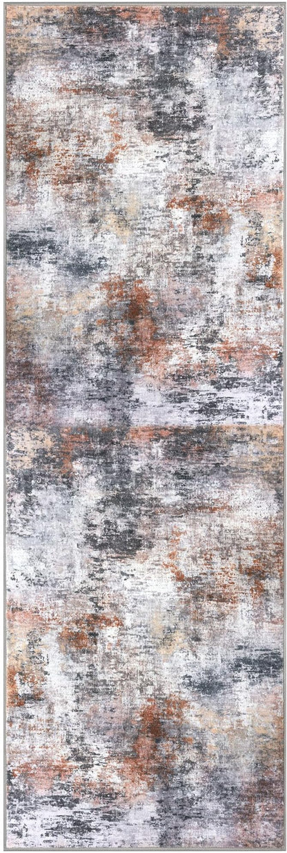 Modern Abstract Runner Rug 2x6, Grey Orange Multi Washable Kitchen Runner Non-Slip Soft Hallway Rug Runner Thin Print Faux Wool Carpet for Entryway Bedroom Laundry Room Indoor Home Decor