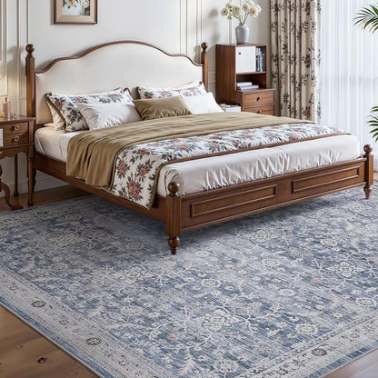 MontVoo-Vintage Area Rug 9X12 Blue Rugs for Living Room-Soft Distressed Printed Rugs for Bedroom-Non Slip Carpet-Machine Washable Rug for Dining Room Living Room Bedside Office