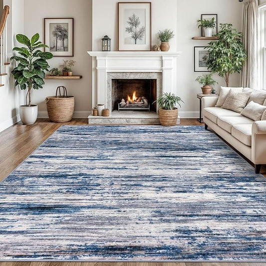 9x12 Modern Abstract Area Rug for Bedroom, Navy Blue Gray Neutral Multi Large Super Soft Washable Rug with Non-Slip, Non-Shedding Rugs for Living Room, Indoor Door Mat for Office Home Décor