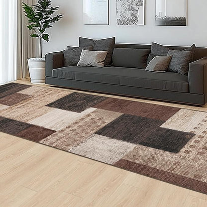 Modern Geometric Patchwork Indoor Runner Rug for Living Room, Chocolate 2'x 6' Rug Rockwood Collection Hardwood Floors Decor for Bedroom, Brown Throw Carpet for Office Entryway Dining Room