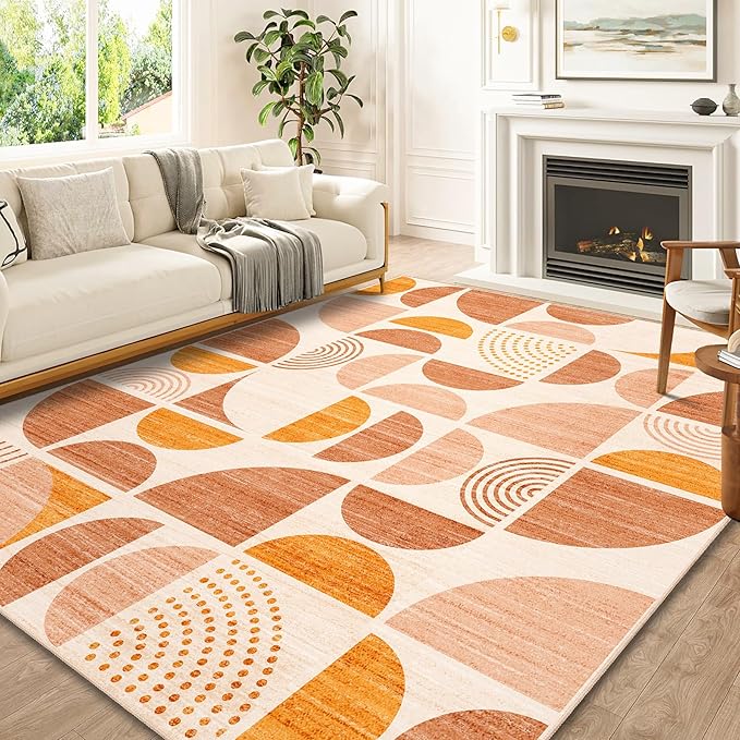 MUJOO 8x10 Area Rugs,Washable Rugs for Living Room Bedroom,Boho Large Throw Floor Carpet Non Slip Soft Modern Abstract Bohemian Orange