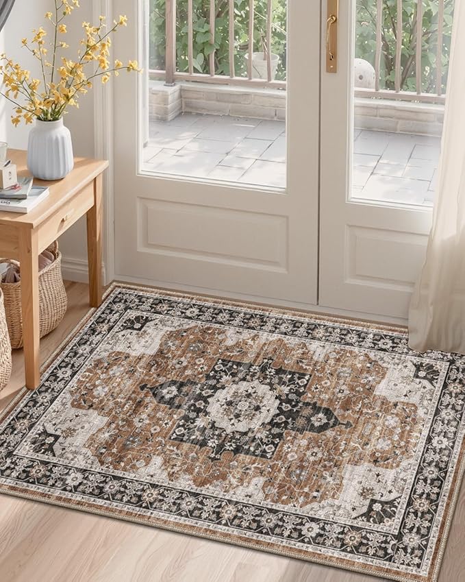 DEXI Area Rugs for Entryway 2x3, Washable Low Pile Vintage Traditional Entry Rug Non Slip, Small Indoor Door Mat for Bedroom Kitchen Entrance Hallway, Brown