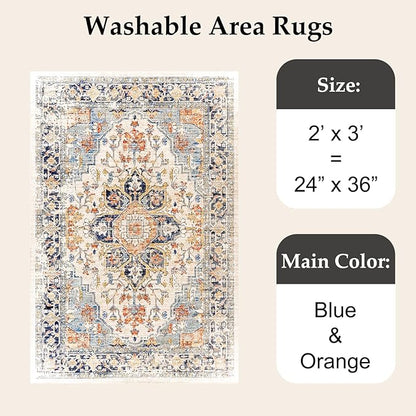 VK VK·LIVING Entryway Washable Rug 2'x3' Small Boho Bathroom Throw Area Rug Non Slip Doormat Indoor Front Door Machine Washable Carpet for Bathroom Kitchen Vintage (Blue Orange)