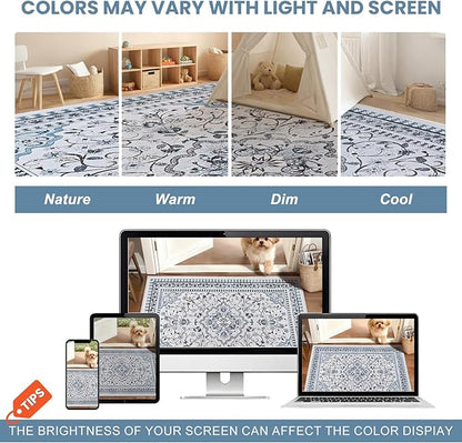 Luxury 5' x 7' Blue Washable Area Rugs, Boho Low Pile Easy Clean Non-Slip Rug, Floral Medallion Pattern Vintage Rugs for Living Room, Dinning Room, Office, Bedroom, Bathroom, Laundry Room, Farmhouse