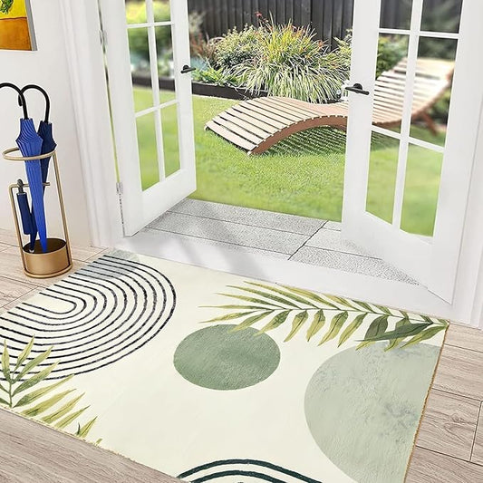 Modern Green Rug 2x3 Bathroom Non-Slip Washable Mat Abstract Aesthetic Rug Modern with Tropical Leaves Carpet Suitable for Bathroom Entrance Bedroom Indoor Entrance Door Mat
