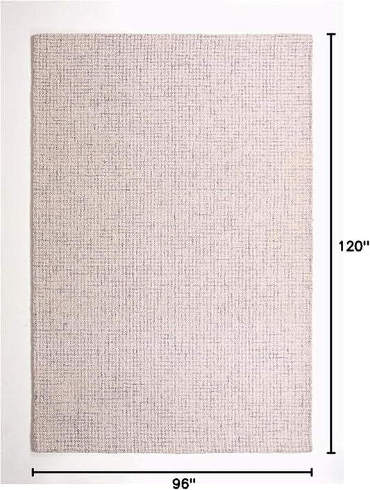 Hand-Tufted 100% Wool Pile Area Rug – Geometric Textured Grid Check Pattern – Thick and Durable Floor Carpet for Bedroom, Living Room, Kids Room, and Dining Area (Ivory Grey, 8' Round)