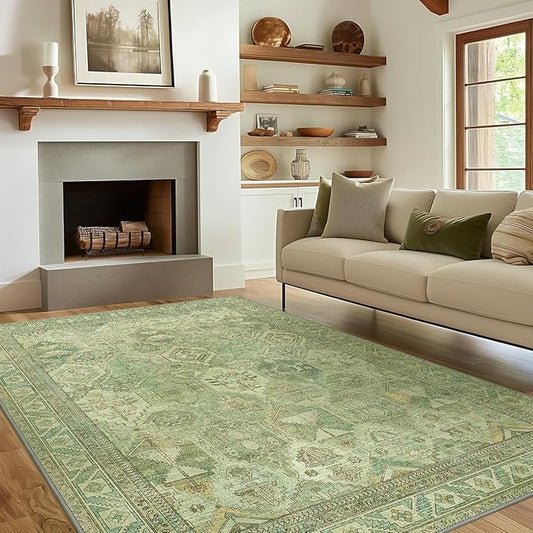 Bavni Washable Rug 5x7 Area Rug for Living Room Bedroom Dining, Washable Vintage Print Carpet, Ultra-Thin Chenille Low Pile Lightweight Rug with Non Slip Backing, Light Green