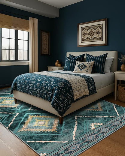 Area Rug 6x9 Rug Machine Washable Non-Slip Low Pile Print Pattern Western Rug for Living Room Bedroom Entryway Tribal Series -Teal/Green