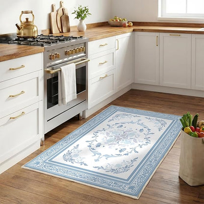SOULFUL Medium Pile 3x5 Area Rug - Cozy Soft Underfoot Small Entryway Rug - Mist Blue Boho Floral - Washable Non-Slip - Perfect for Living Room Bedroom Foot Kids Room Reading Nook